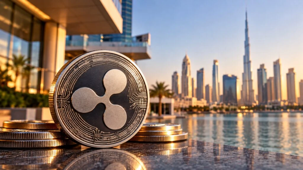Moneda digital RLUSD de Ripple representada junto a elementos bancarios que simbolizan los nuevos servicios de custodia en Dubái.