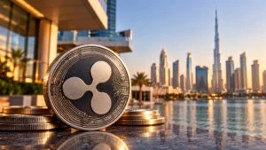Moneda digital RLUSD de Ripple representada junto a elementos bancarios que simbolizan los nuevos servicios de custodia en Dubái.