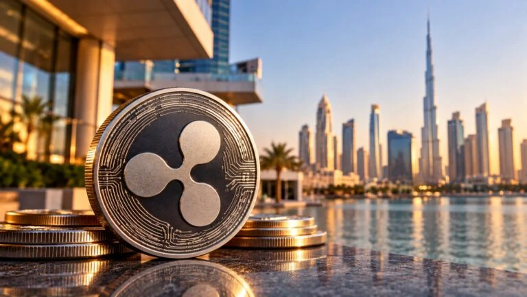 Moneda digital RLUSD de Ripple representada junto a elementos bancarios que simbolizan los nuevos servicios de custodia en Dubái.
