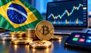 Monedas digitales y bandera de Brasil sobre una mesa con una computadora que representa la distribución de tokens mediante redes sociales.