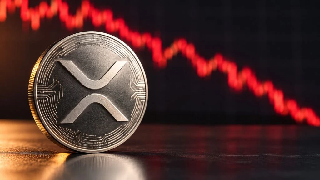 Moneda digital XRP sobre una superficie financiera con gráficos de mercado que representan una caída en su cotización.