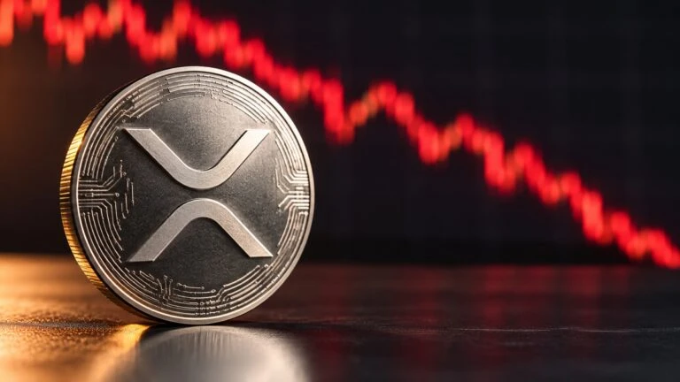 Moneda digital XRP sobre una superficie financiera con gráficos de mercado que representan una caída en su cotización.